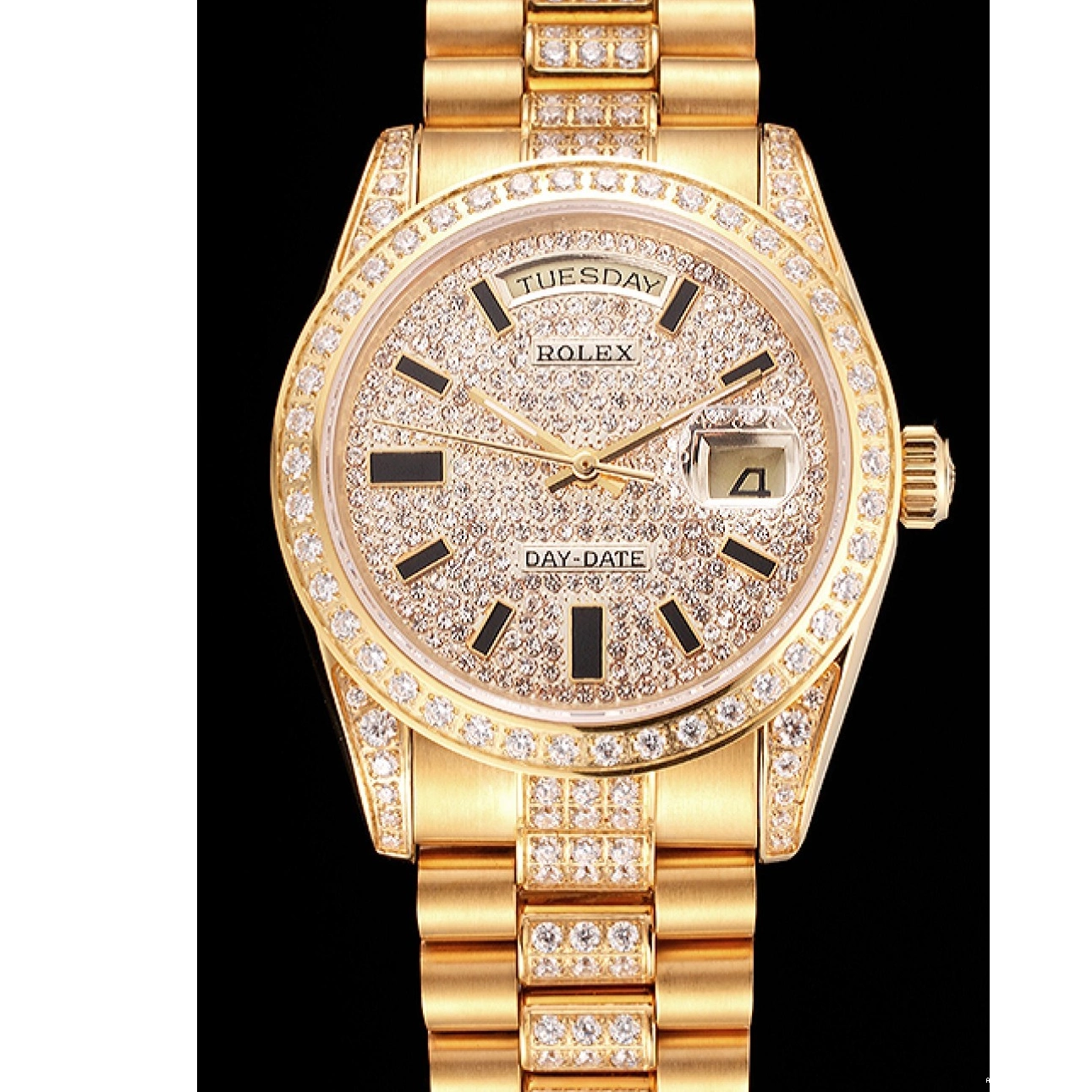Aaa replica watch Date Yellow Swiss Diamond Gold Pave Day Rolex 0708
